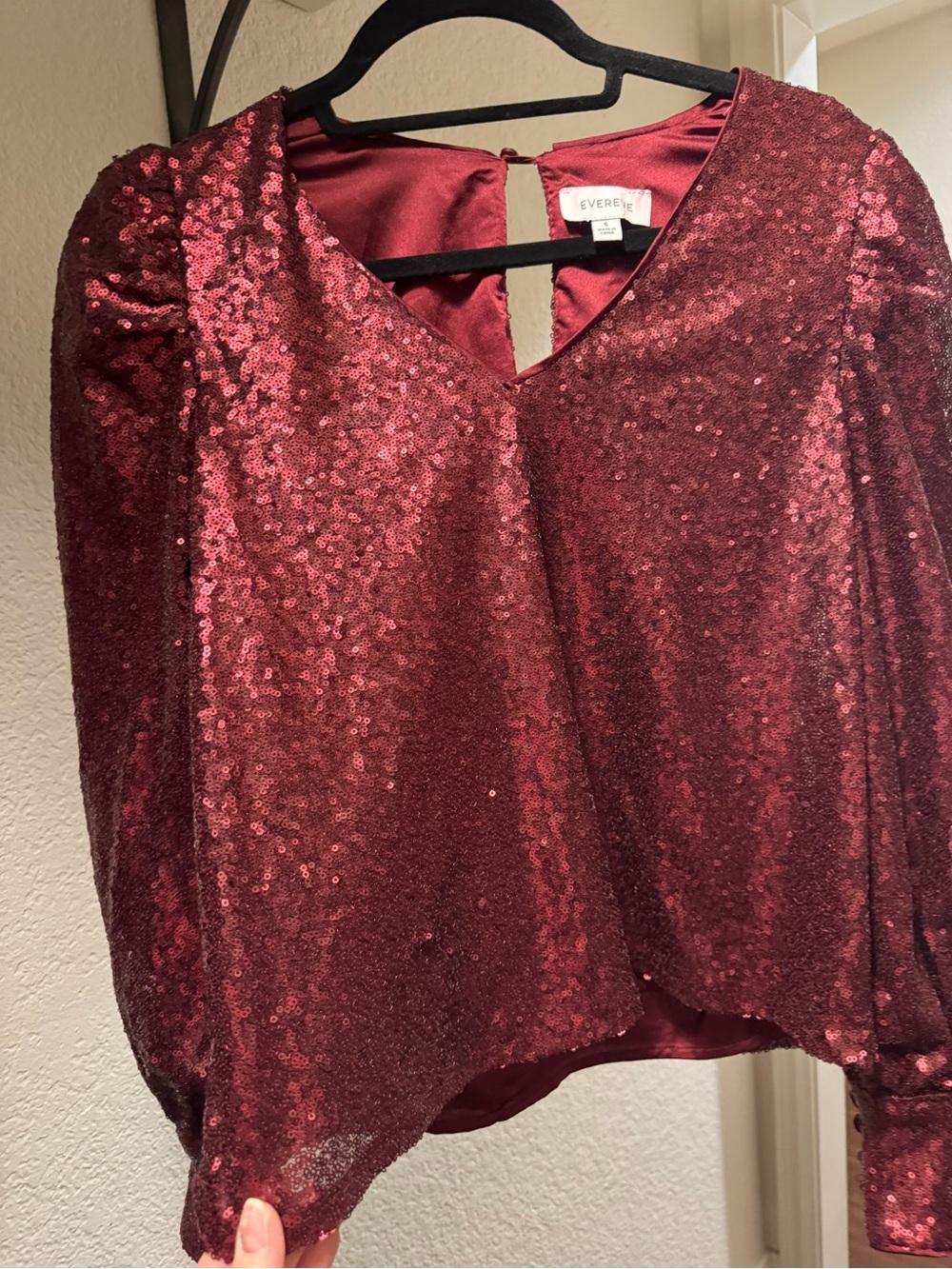 Evereve Burgundy Sequin V-Neck Long Sleeve Blouse